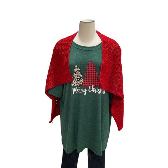 Handmade Red Crochet Shawl Soft Cozy Wrap Christmas Winter Warm Scarf 37" x 23" - Picture 3 of 7